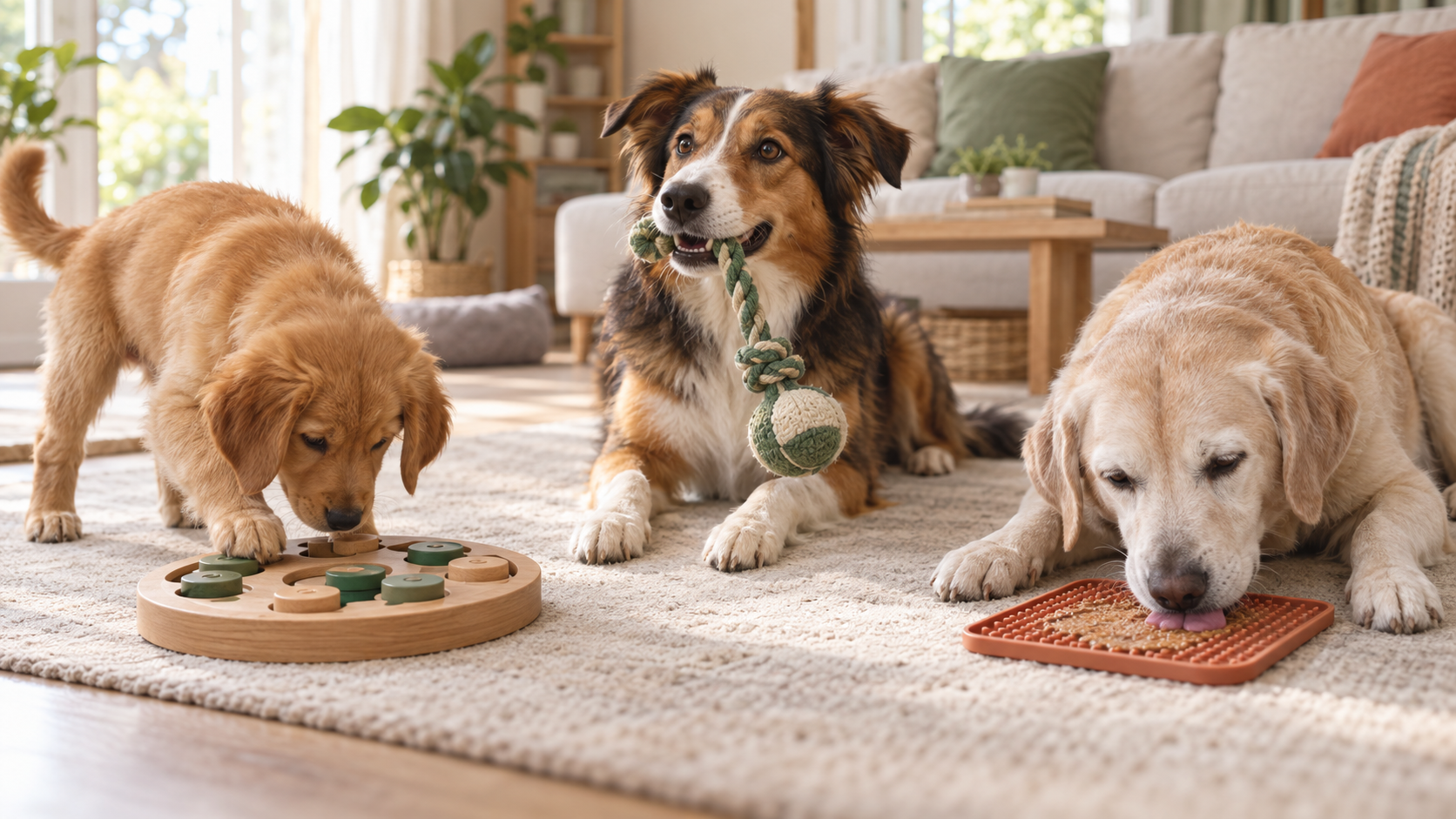 Dog enjoying dog enrichment toys and interactive puzzle games