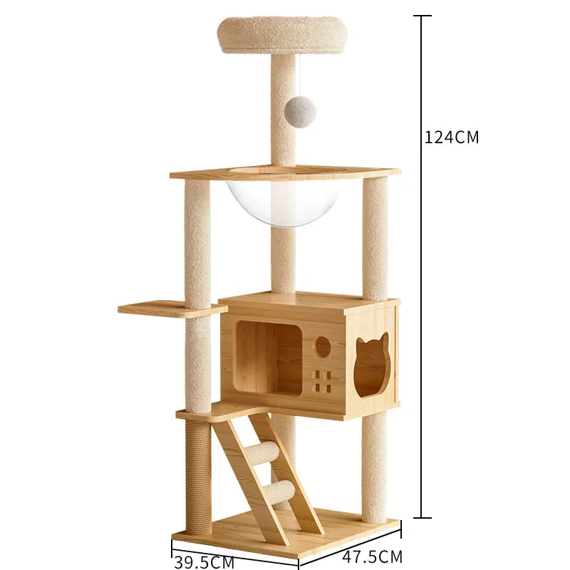 Multi-Level Durable Cat Tower - Large Wooden Cat Tree with Space Pod & Scratching Posts Practical Indoor Cat Furniture & Toy