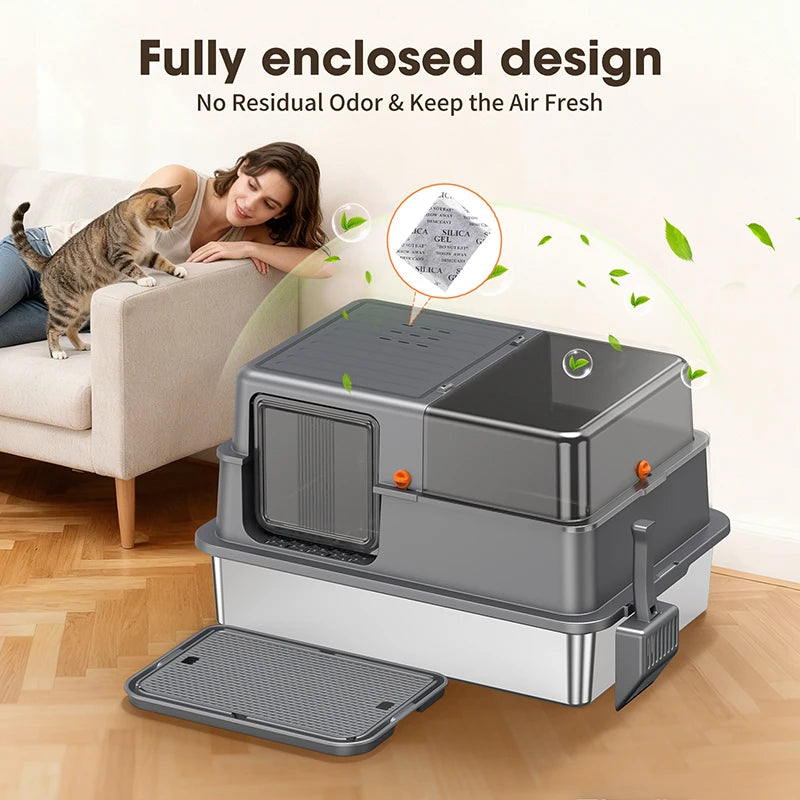 Enclosed Stainless Steel Cat Litter Box with Lid, 28inch Large Cat Litter Boxes, Suitable for Large Cats, Includes Litter Deodorizer, with Scoop and Mat, Leak-Proof ﻿