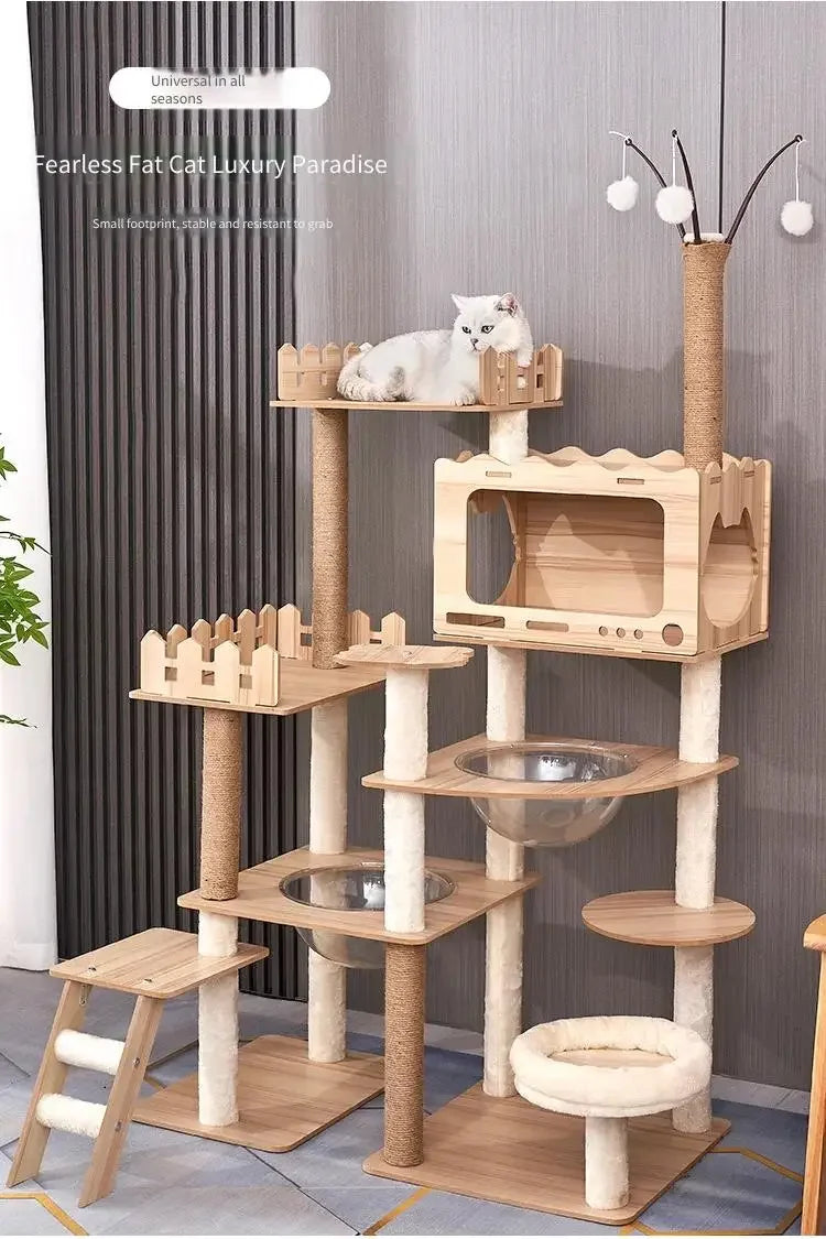 Multi-Level Durable Cat Tower - Large Wooden Cat Tree with Space Pod & Scratching Posts Practical Indoor Cat Furniture & Toy