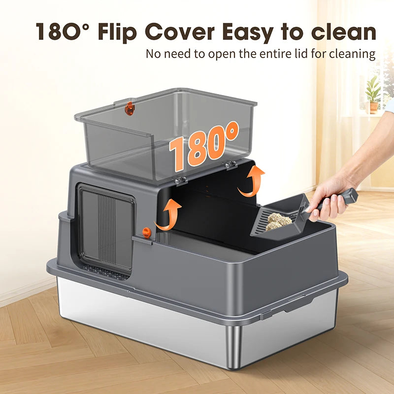 Enclosed Stainless Steel Cat Litter Box with Lid, 28inch Large Cat Litter Boxes, Suitable for Large Cats, Includes Litter Deodorizer, with Scoop and Mat, Leak-Proof ﻿