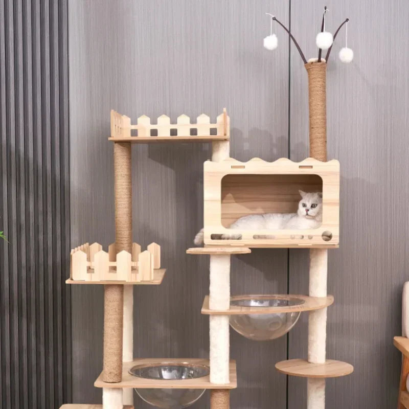 Multi-Level Durable Cat Tower - Large Wooden Cat Tree with Space Pod & Scratching Posts Practical Indoor Cat Furniture & Toy