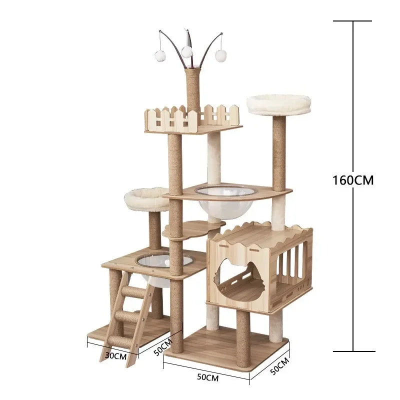 Multi-Level Durable Cat Tower - Large Wooden Cat Tree with Space Pod & Scratching Posts Practical Indoor Cat Furniture & Toy