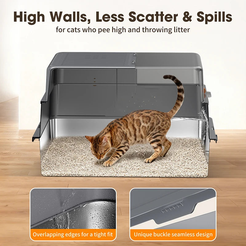 Enclosed Stainless Steel Cat Litter Box with Lid, 28inch Large Cat Litter Boxes, Suitable for Large Cats, Includes Litter Deodorizer, with Scoop and Mat, Leak-Proof ﻿
