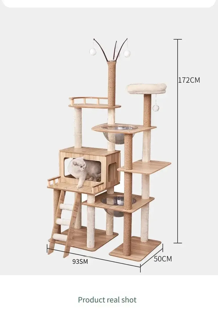 Multi-Level Durable Cat Tower - Large Wooden Cat Tree with Space Pod & Scratching Posts Practical Indoor Cat Furniture & Toy