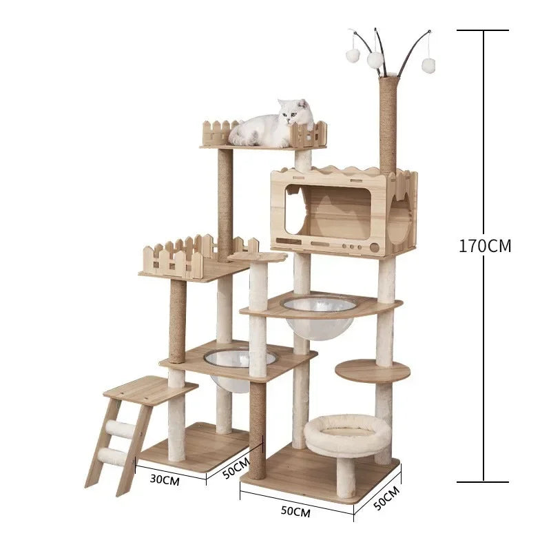 Multi-Level Durable Cat Tower - Large Wooden Cat Tree with Space Pod & Scratching Posts Practical Indoor Cat Furniture & Toy