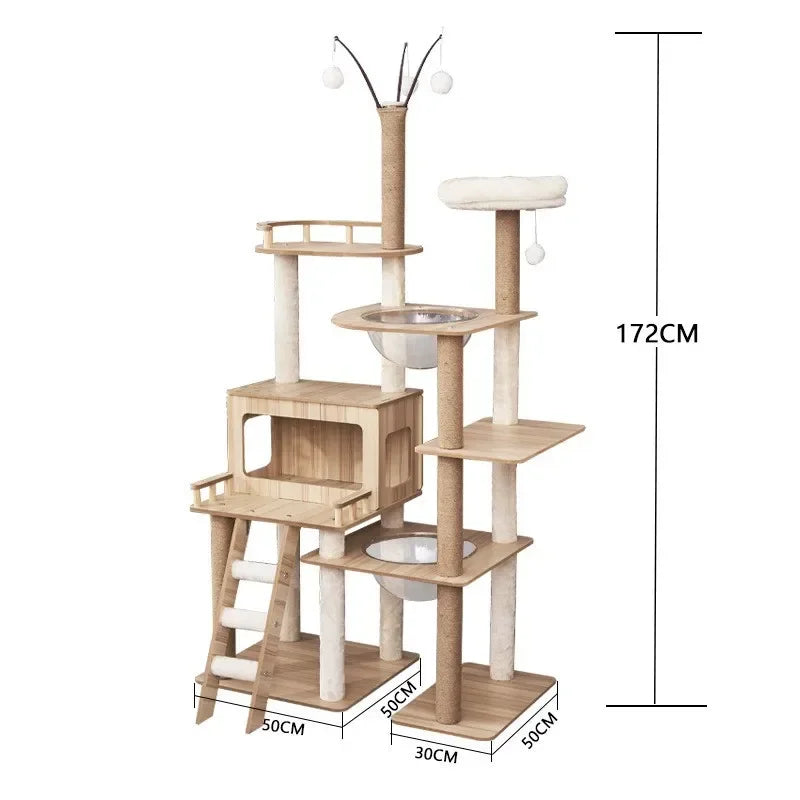 Multi-Level Durable Cat Tower - Large Wooden Cat Tree with Space Pod & Scratching Posts Practical Indoor Cat Furniture & Toy