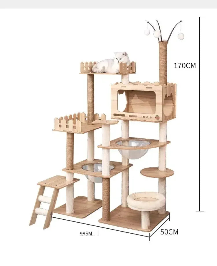 Multi-Level Durable Cat Tower - Large Wooden Cat Tree with Space Pod & Scratching Posts Practical Indoor Cat Furniture & Toy