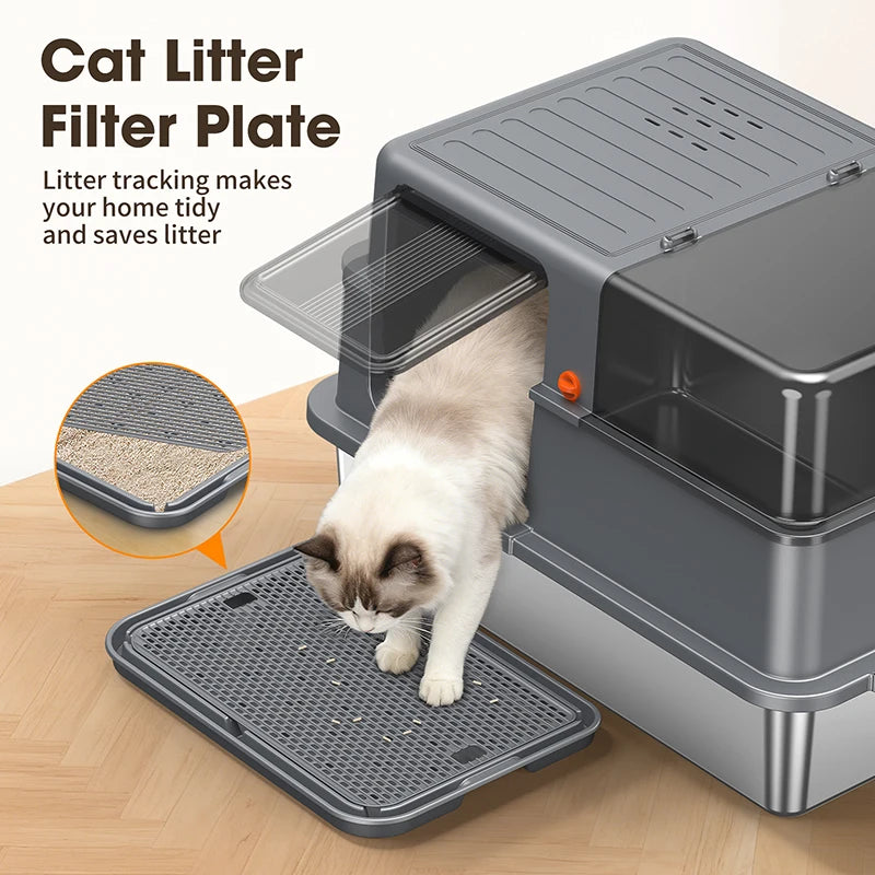 Enclosed Stainless Steel Cat Litter Box with Lid, 28inch Large Cat Litter Boxes, Suitable for Large Cats, Includes Litter Deodorizer, with Scoop and Mat, Leak-Proof ﻿