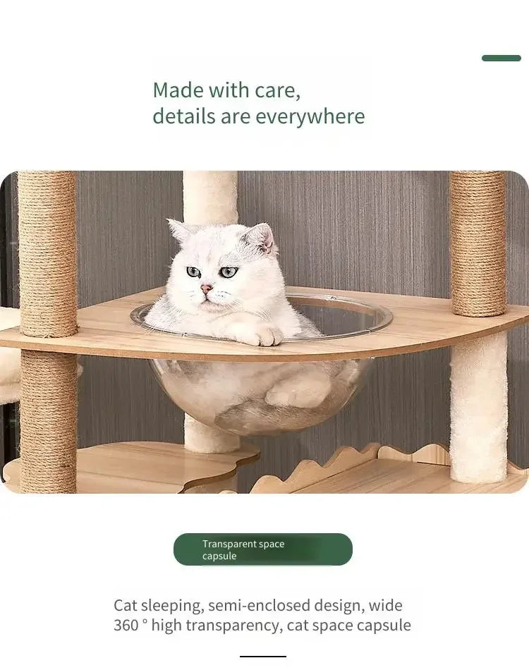 Multi-Level Durable Cat Tower - Large Wooden Cat Tree with Space Pod & Scratching Posts Practical Indoor Cat Furniture & Toy