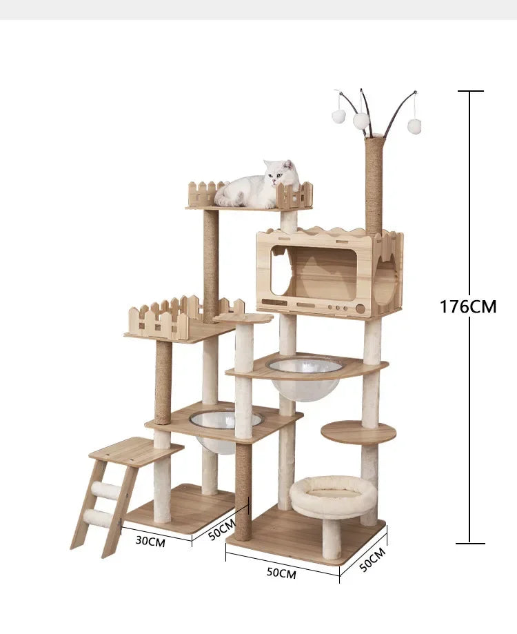 Multi-Level Durable Cat Tower - Large Wooden Cat Tree with Space Pod & Scratching Posts Practical Indoor Cat Furniture & Toy