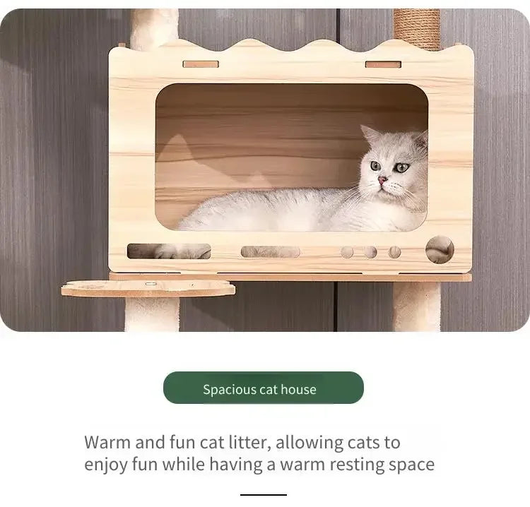 Multi-Level Durable Cat Tower - Large Wooden Cat Tree with Space Pod & Scratching Posts Practical Indoor Cat Furniture & Toy