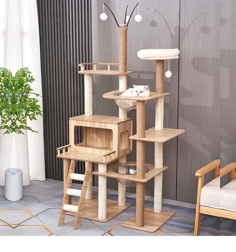 Multi-Level Durable Cat Tower - Large Wooden Cat Tree with Space Pod & Scratching Posts Practical Indoor Cat Furniture & Toy
