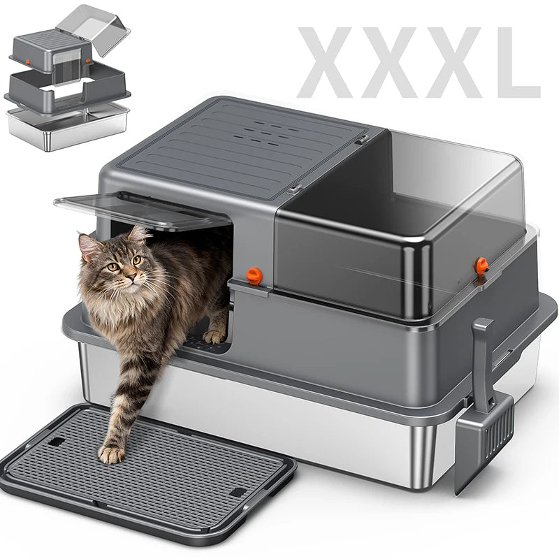 Enclosed Stainless Steel Cat Litter Box with Lid, 28inch Large Cat Litter Boxes, Suitable for Large Cats, Includes Litter Deodorizer, with Scoop and Mat, Leak-Proof ﻿