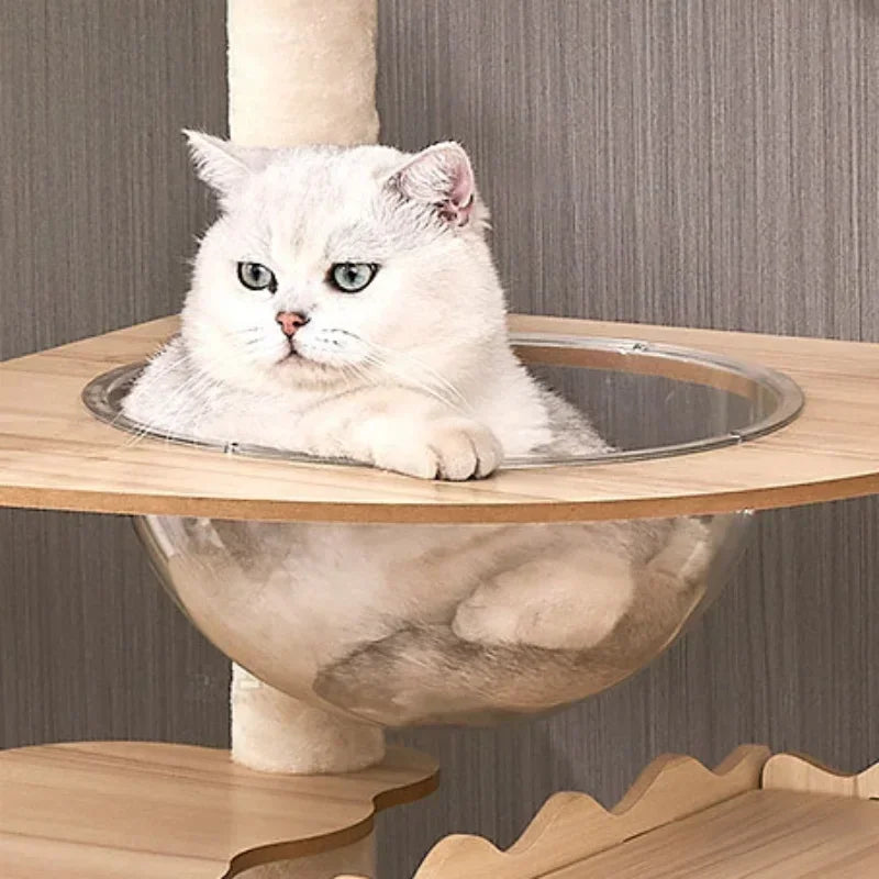 Multi-Level Durable Cat Tower - Large Wooden Cat Tree with Space Pod & Scratching Posts Practical Indoor Cat Furniture & Toy
